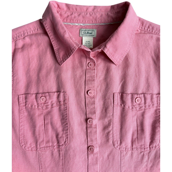 LL Bean Linen Cotton Belted Button Front Shirt Dress Pink Roll Tab Sleeves XL P - Picture 14 of 16